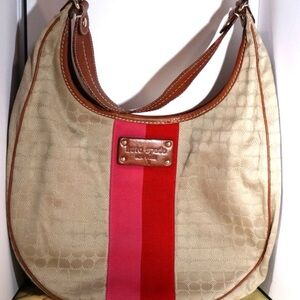 kate spade beige canvas hobo with pink & red center stripe